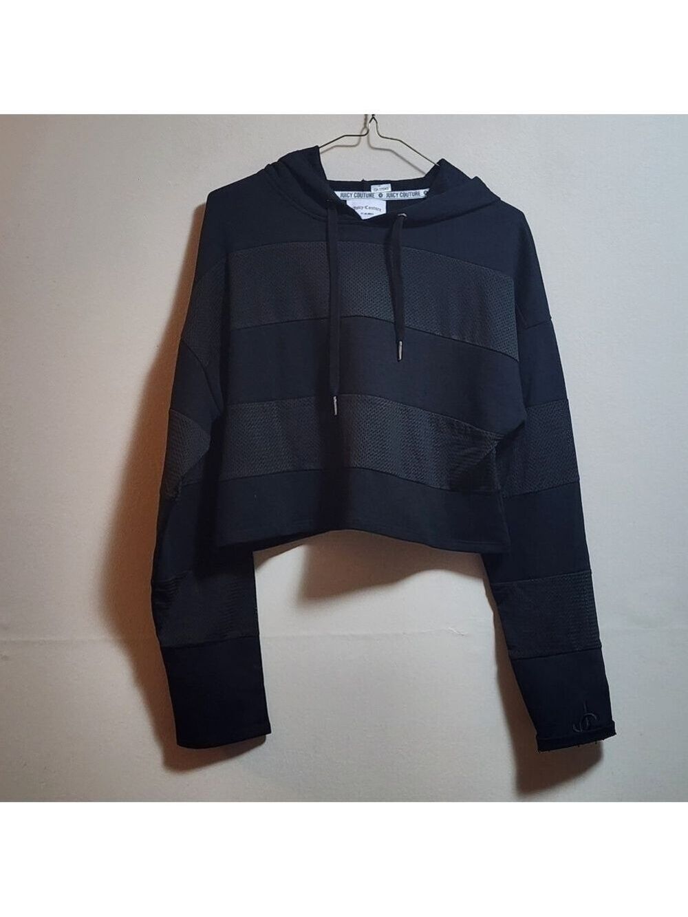 Juicy couture cropped hooded mesh striped sweatshirt with drawstring